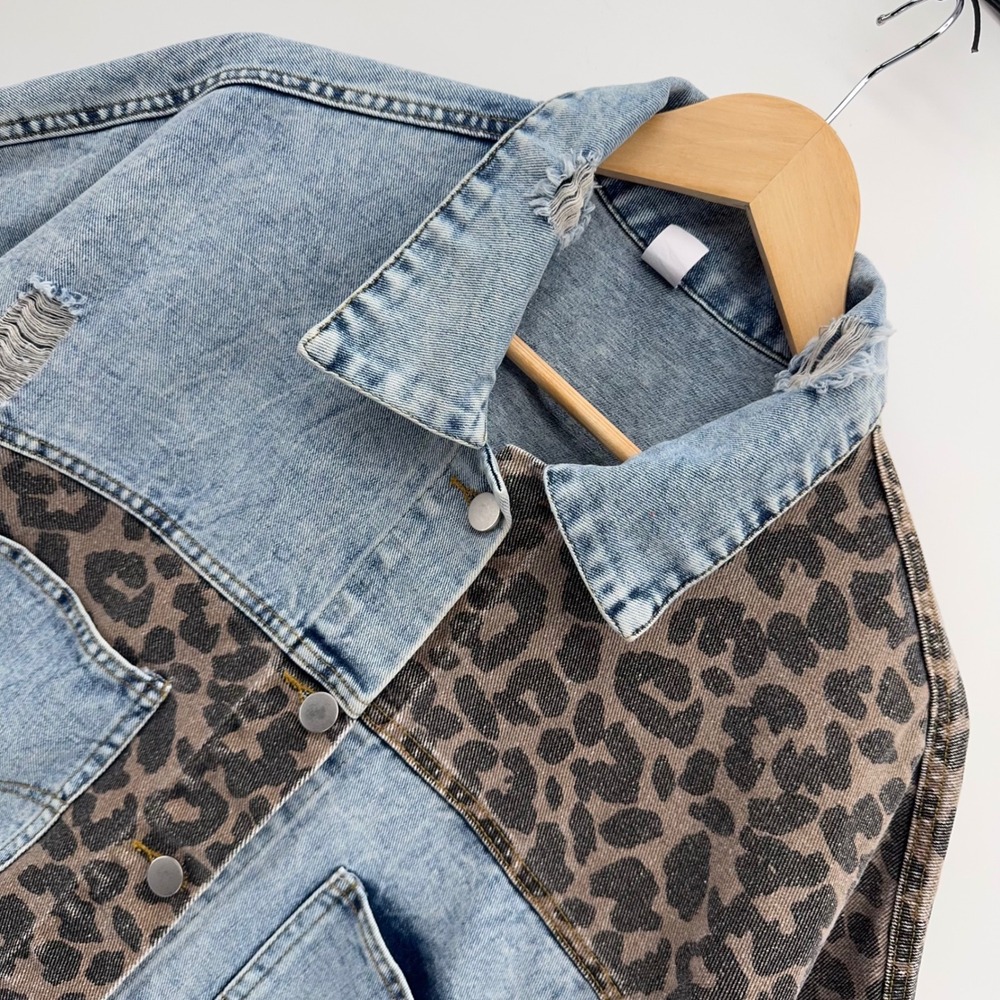 Jeans Leopard Patchwork Distressed Denim Jacket Womens M Blue Animal Print
